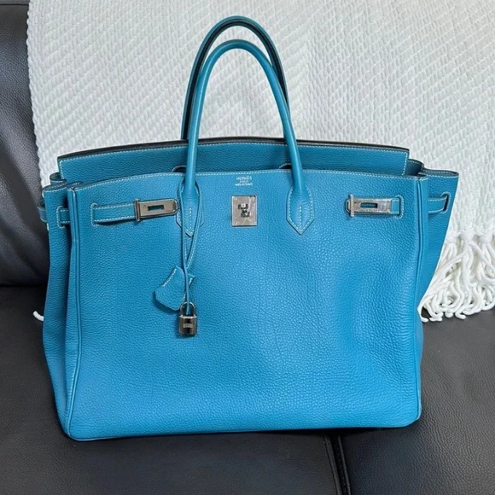 Authentic Hermes Togo BIRKIN Bleu Jean with Palladium Hardware Clemence Leather